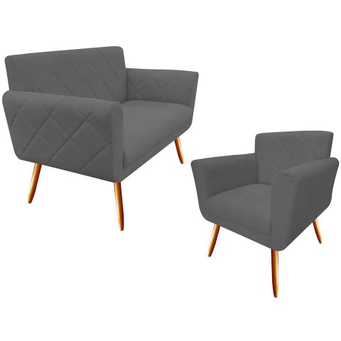 Kit Namoradeira + 1 Poltrona Decorativa Sabrina Suede Cinza Pés Madeira Ms Decor
