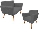 Ver imagem 1 de Kit Namoradeira + 1 Poltrona Decorativa Sabrina Suede Cinza Pés Madeira Ms Decor
