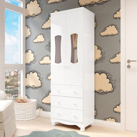 Guarda-Roupa Bebê 2 Portas com Janela 3 Gavetas 100% MDF Lana Espresso Móveis Branco/Brilho