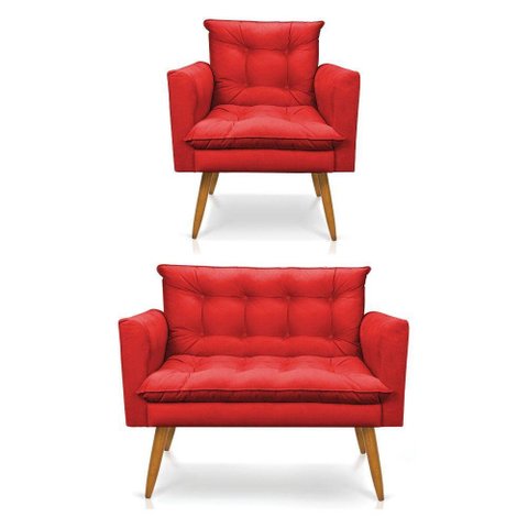 Kit Poltrona E Namoradeira 2 Lugares Olivia Suede Vermelho