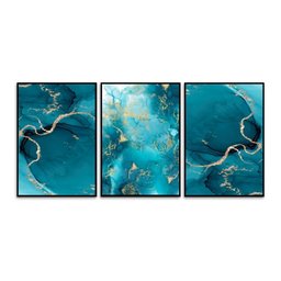 Kit com 3 Quadros Decor 70x50 Cm Abstrato Marmorizado Azul Moldura Caixa Preta 3cm Profundidade - 2