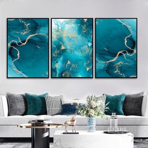 Kit com 3 Quadros Decor 70x50 Cm Abstrato Marmorizado Azul Moldura Caixa Preta 3cm Profundidade