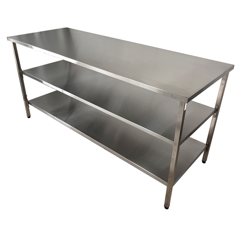 Mesa de Aço Inox Industrial 190x60x90 Cm com 2 Prateleiras Plano Liso Nortinox