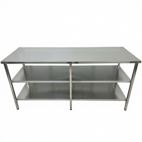 Mesa de Aço Inox Industrial 190x60x90 cm com 2 Prateleiras Plano Liso Nortinox