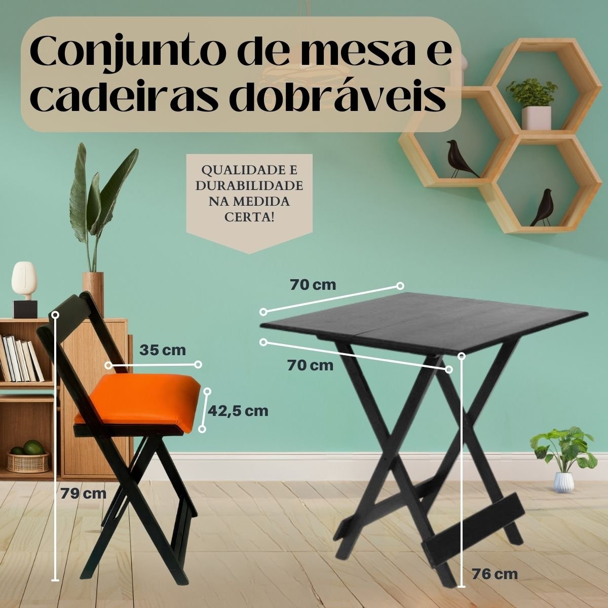 Jogo De Mesa Dobravel 70x70Cm C/4 Cadeiras Madeira Pinus Cor Mel