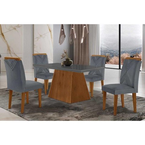 Sala de Jantar Completa Luna Tampo Madeirado C/ Vidro Curvo 120x80 e 4 Cadeiras Amsterdã Imbuia -