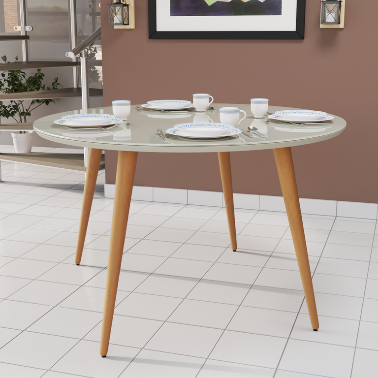 Mesa de Jantar Redonda 4 Lugares com Pés Palito e Tampo de Vidro Mdf:off White