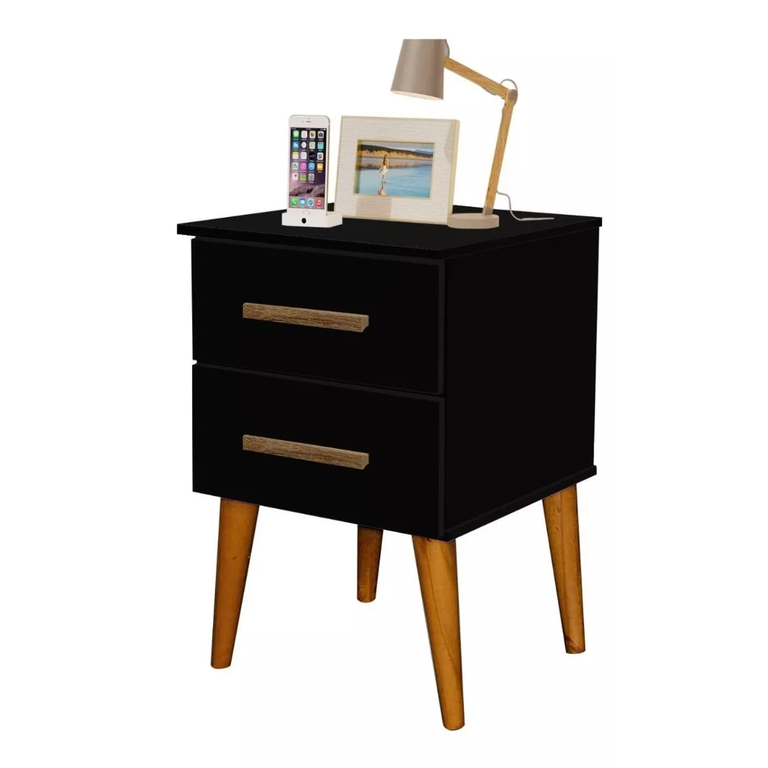 Mesa de Cabeceira/Mesa de Apoio Pérola 2 Gavetas:Preto
