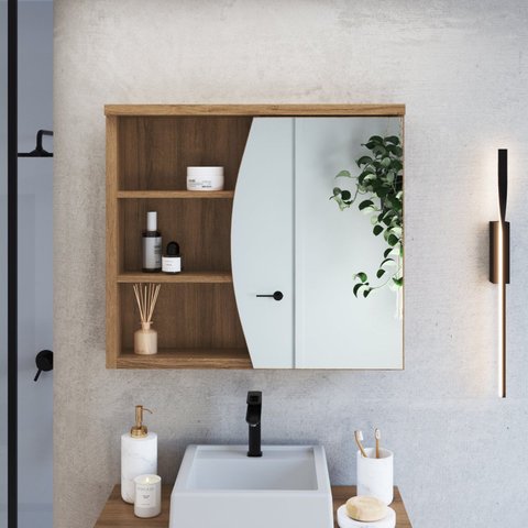 Armário Espelheira para Banheiro com 1 Porta 3 Nichos e Espelho Mel 70cm Laura Marrom