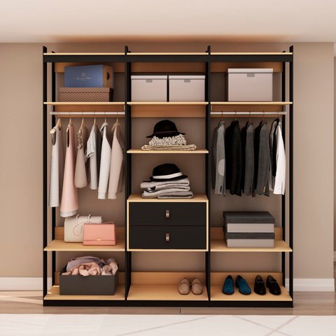 Guarda Roupas Closet 2 Gavetas 2 Cabideiros e 6 Prateleiras Cb0079 Linha Industrial Genialflex Freij