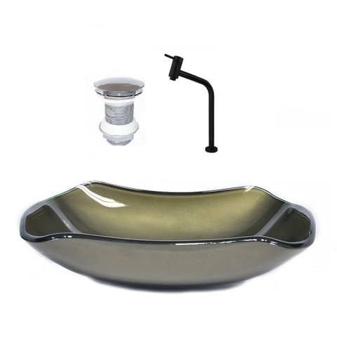 Cuba de Vidro Abaulada 51cm Ouro Envelhecido + Valvula + Torneira Preta