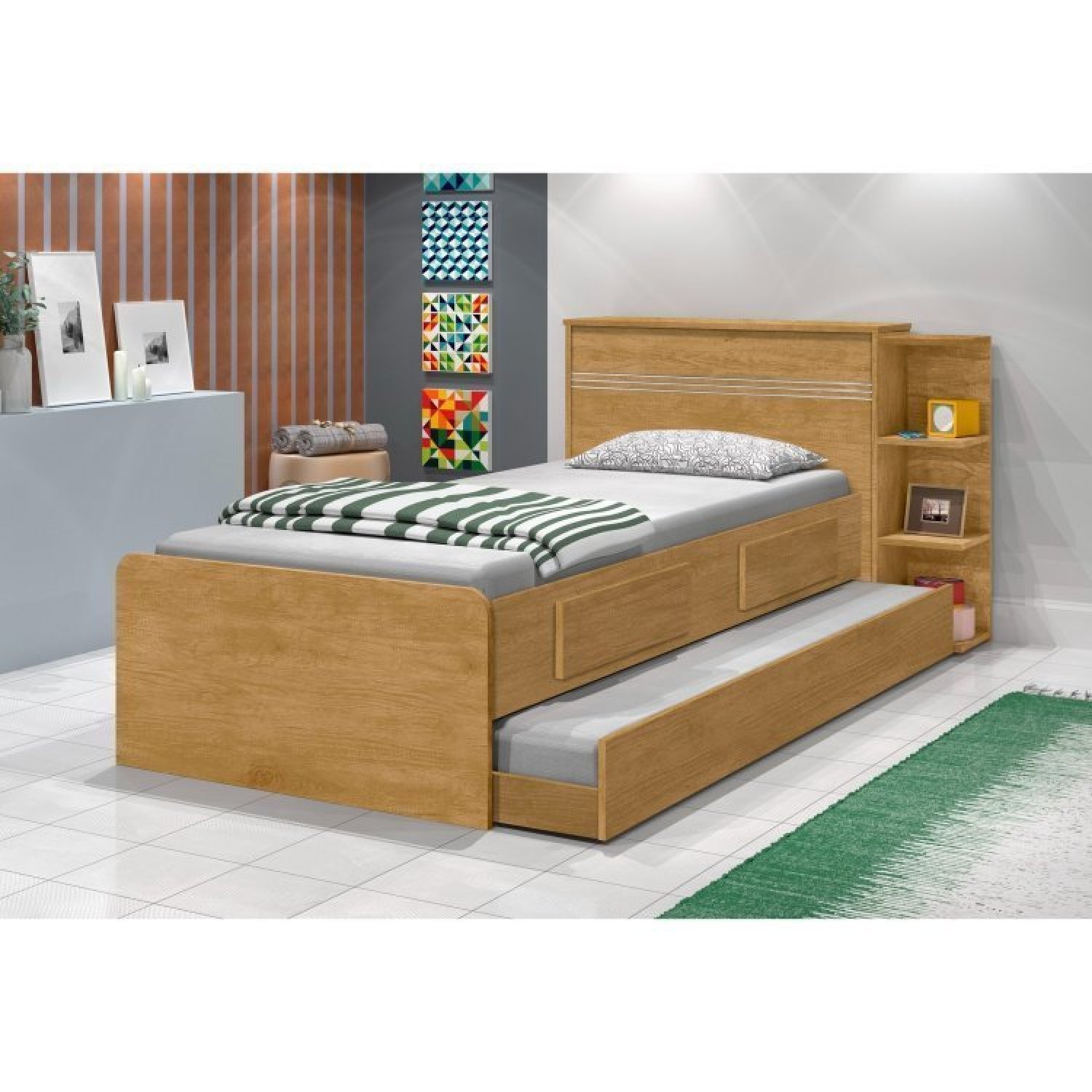 Cama Solteiro com Baú 2 Gavetas e Cama Auxiliar Jade | MadeiraMadeira