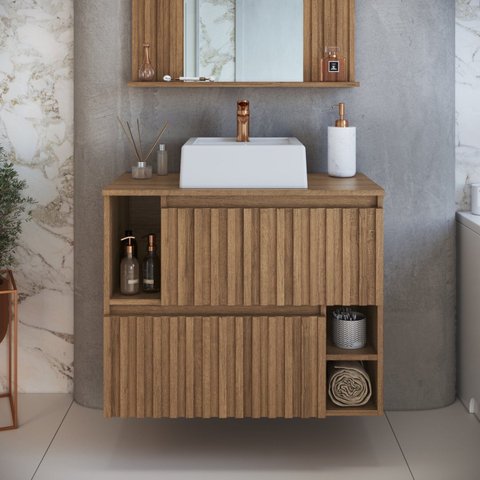Gabinete de Banheiro Suspenso 75cm Luiza com 2 Portas Basculante com Cuba Marrom/Mel