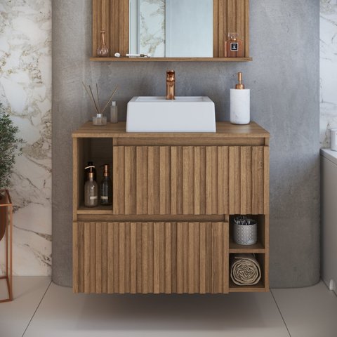 Gabinete de Banheiro Suspenso 75cm Luiza com 2 Portas Basculante com Cuba