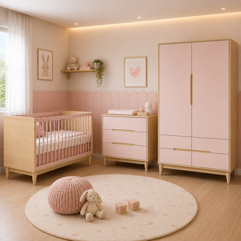 Quarto de Bebê Completo Berço Cômoda e Guarda Roupa Infantil Rosa com Carvalho Linha Tomi Quater