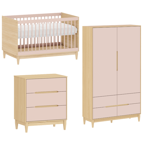 Quarto de Bebê Completo Berço Cômoda e Guarda Roupa Infantil Rosa com Carvalho Linha Tomi Quater