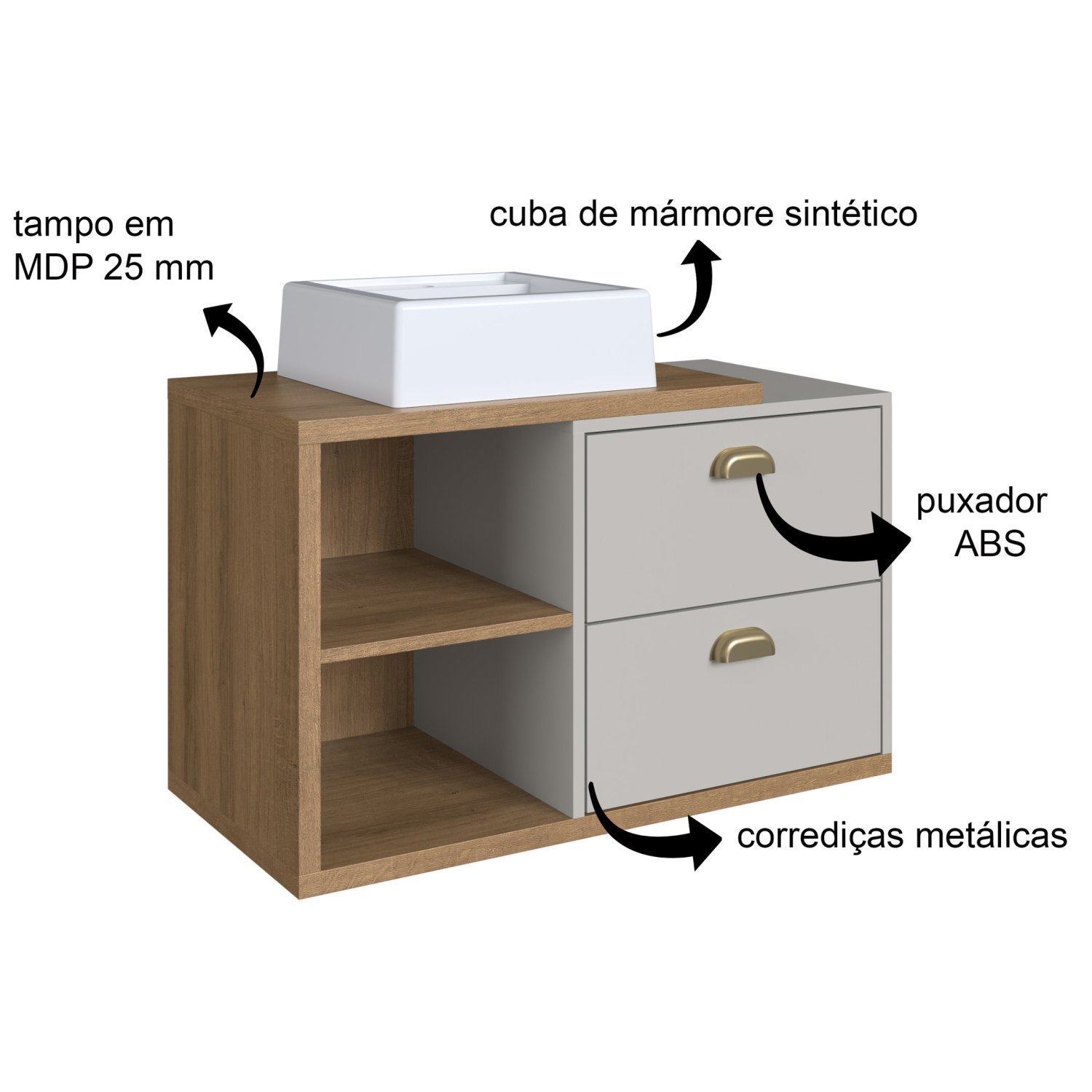 Gabinete de Banheiro Suspenso 80cm Helena com 2 Gavetas e Cuba - 4