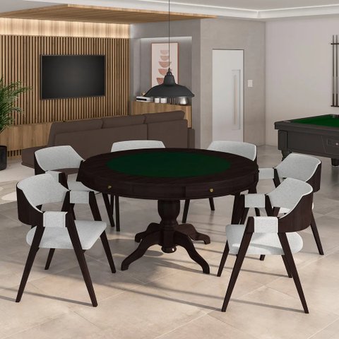 Conjunto Mesa de Jogos Bellagio e 6 Cadeiras Madeira Poker Base Estrela Linho Cinza/tabaco