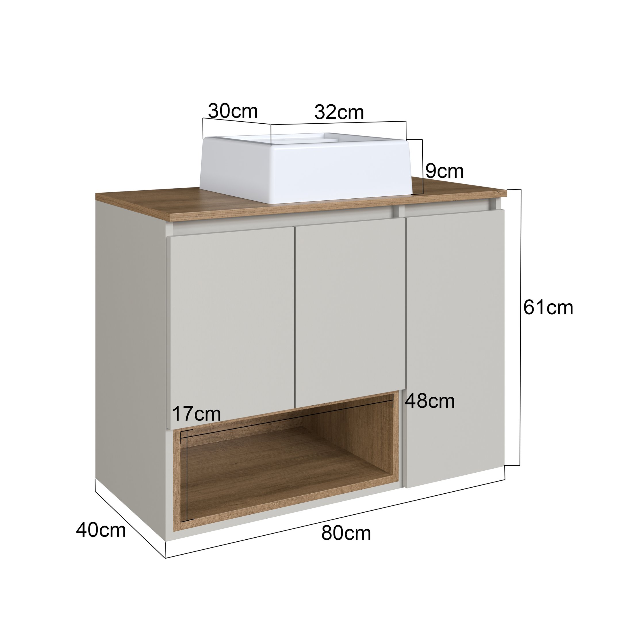 Gabinete de Banheiro Suspenso 80cm Cecília com 3 Portas e 1 Nicho com Cuba - 4