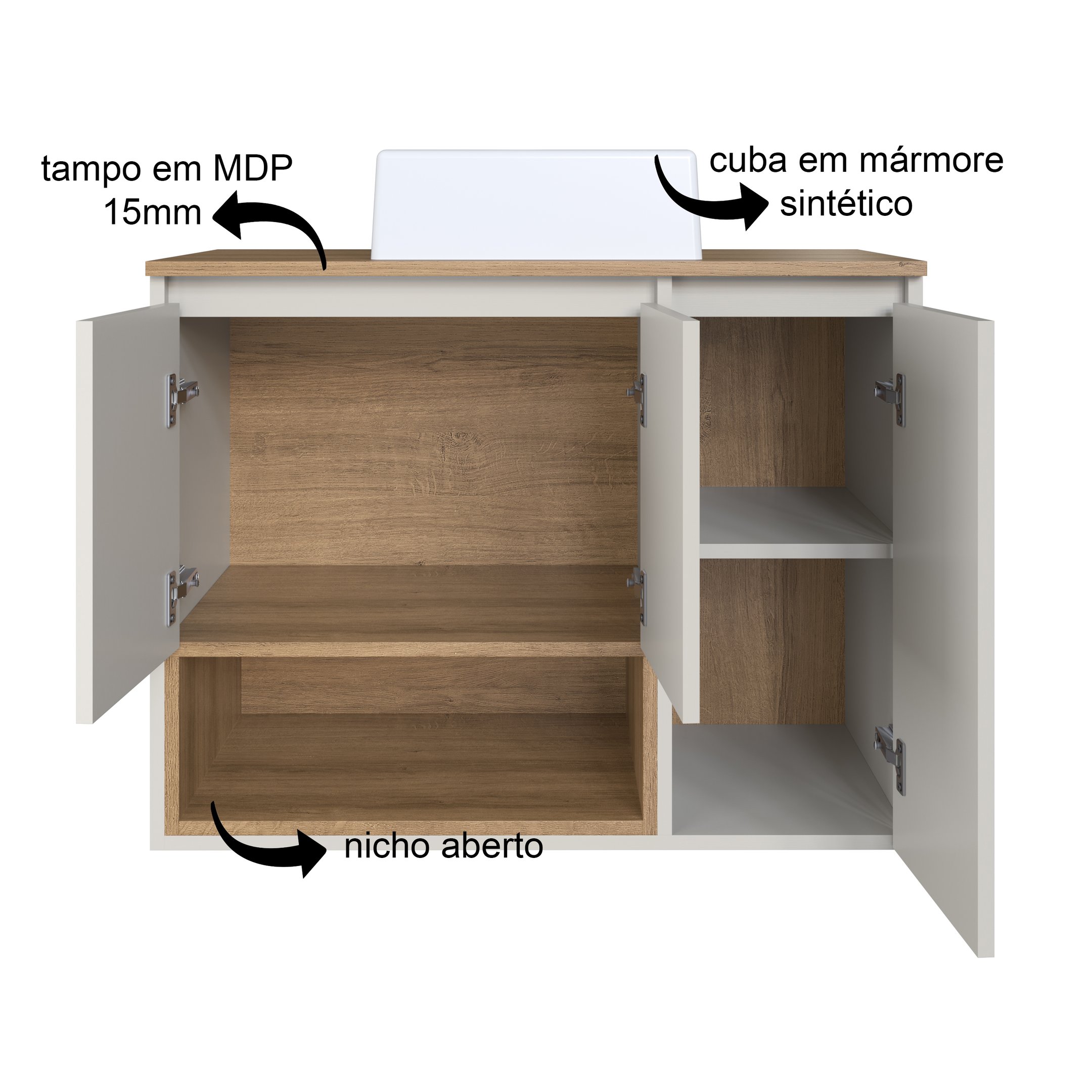 Gabinete de Banheiro Suspenso 80cm Cecília com 3 Portas e 1 Nicho com Cuba - 5