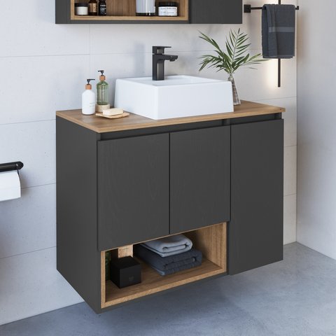 Gabinete de Banheiro Suspenso 80cm Cecília com 3 Portas e 1 Nicho com Cuba