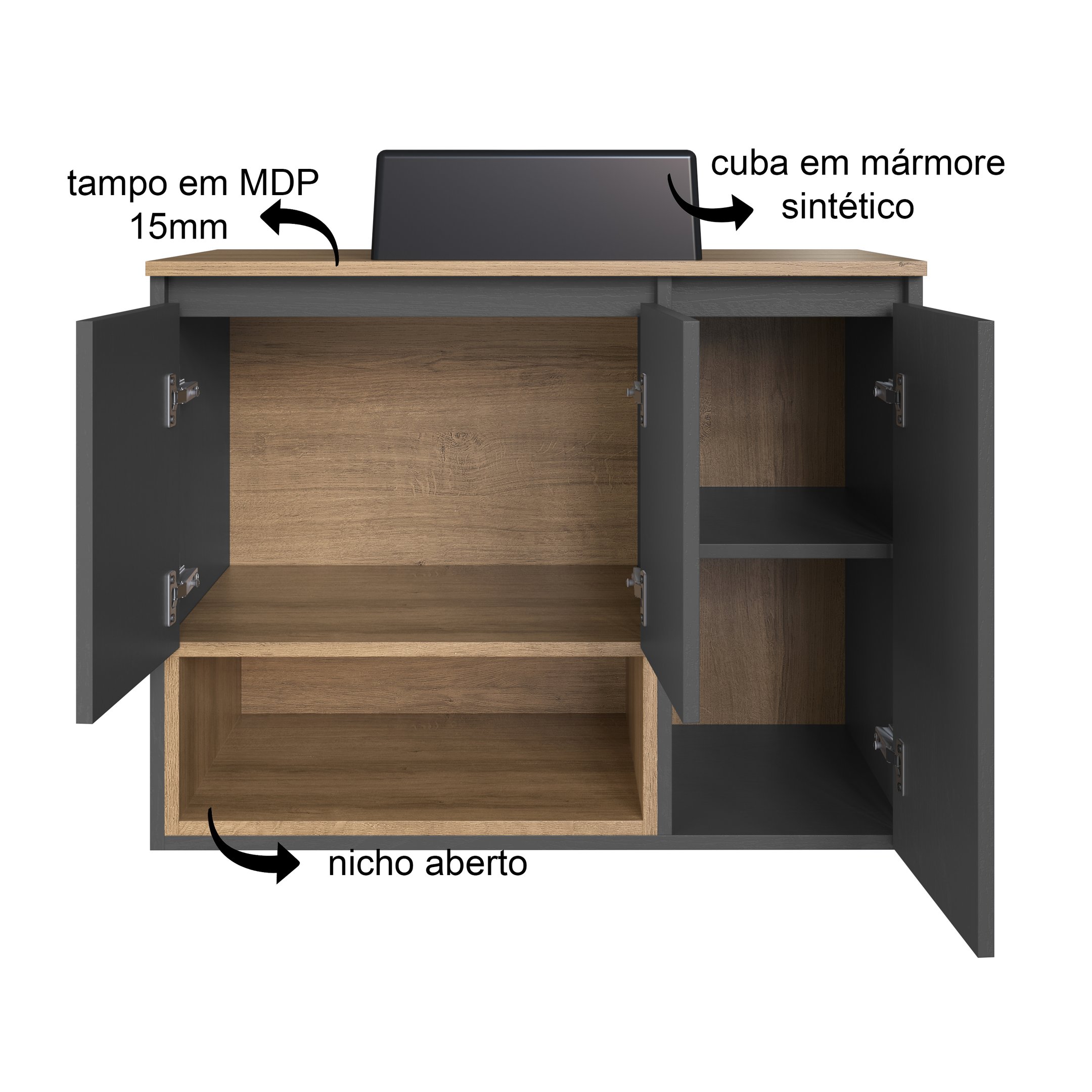 Gabinete de Banheiro Suspenso 80cm Cecília com 3 Portas e 1 Nicho com Cuba - 5