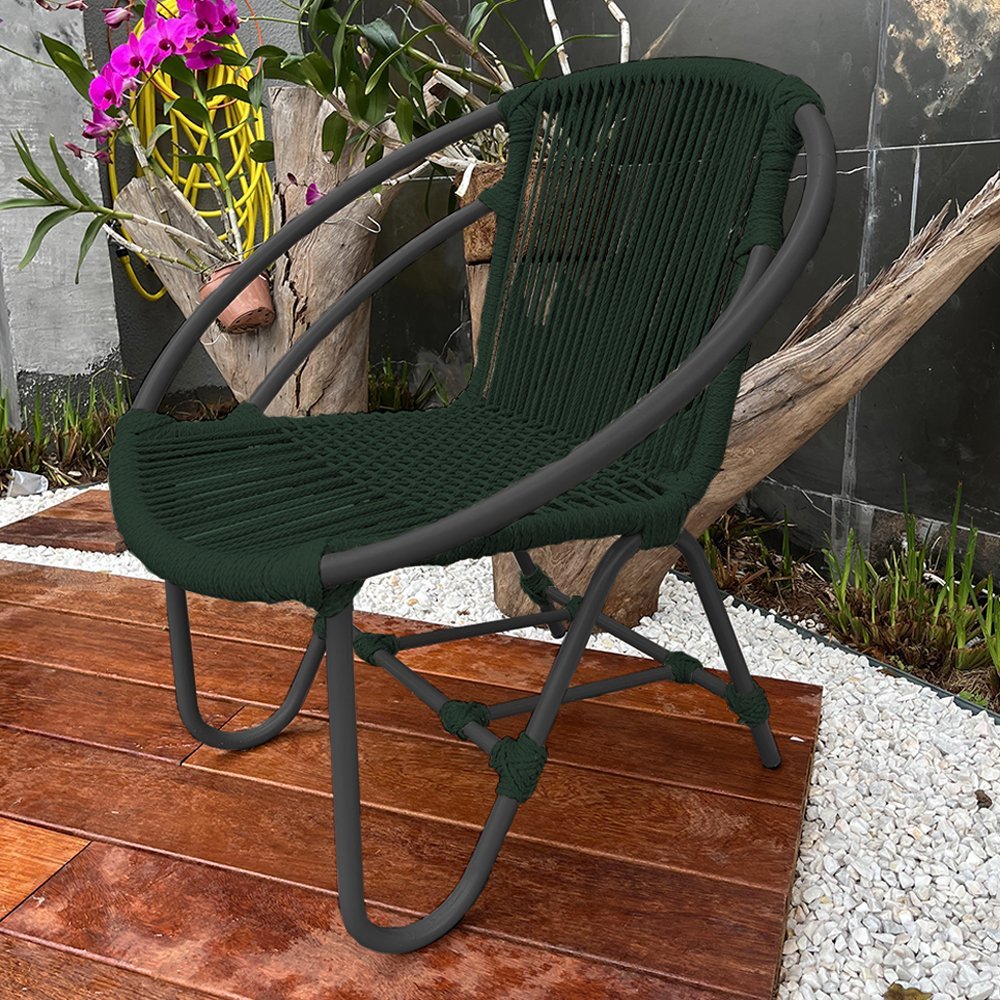 Cadeira Decorativa Julia em Corda Náutica e Base em Alumínio Preta/verde Musgo