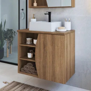 Gabinete de Banheiro Suspenso 70cm Laura com 1 Porta e 2 Prateleiras com Cuba