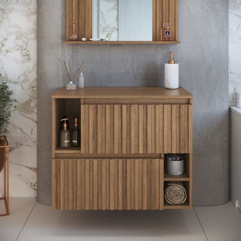 Gabinete de Banheiro Suspenso 75cm Luiza com 2 Portas Basculante sem Cuba Marrom/Mel