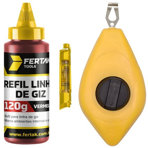 Kit Jogo Marcação Linha Giz 15m Vermelho Pedreiro Gesseiro com Nível | Fertak