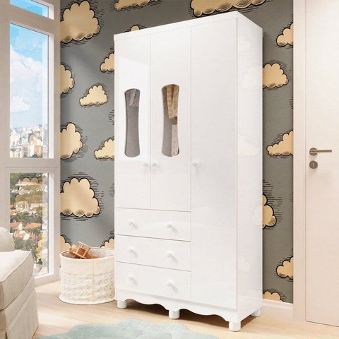 Guarda-Roupas Bebê 3 Portas com Janela e 3 Gavetas 100% MDF Lana Espresso Móveis Branco
