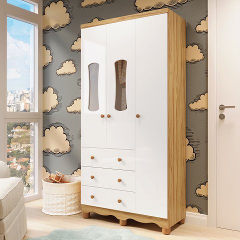 Guarda Roupas Infantil 3 Portas com Janela e 3 Gavetas 100% MDF Lana Espresso Móveis Branco/Brilho/Amêndoa