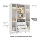 Ver imagem 5 de Guarda Roupas Infantil 4 Portas com Janela e 3 Gavetas 100% MDF Lana Espresso Móveis Branco/Brilho