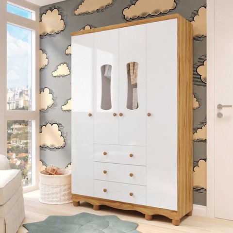Guarda-Roupas Bebê 4 Portas com Janela e 3 Gavetas 100% MDF Lana Espresso Móveis Branco/Brilho