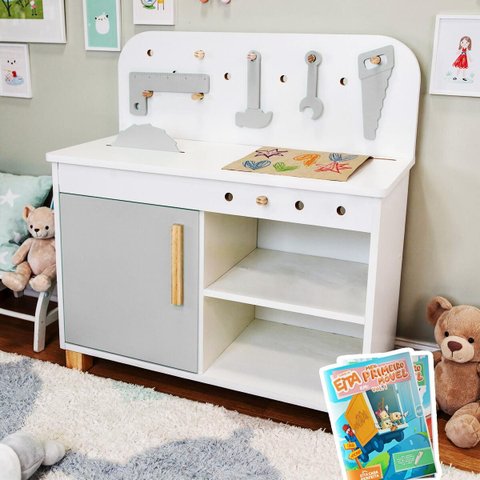 Bancada de Ferramentas Oficina Infantil Kit Livro Educativo em Madeira - Cinza