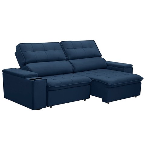 Sofá Retrátil e Reclinável 4 Lugares 250cm Zoho Porta Copos no Braço Veudo Azul G22 - Gran Belo