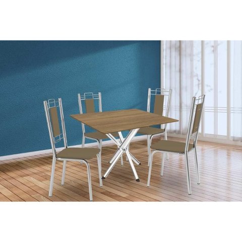 Conjunto: Mesa de Cozinha Volga C/ Tampo de Madeira 90cm e 4 Cadeiras Lisboa Cromado/nogueira -