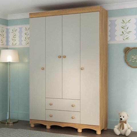 Guarda-roupa Infantil 122cm 4 Portas e 2 Gavetas Dengo Multimóveis Mp4438 Madeirado/off White