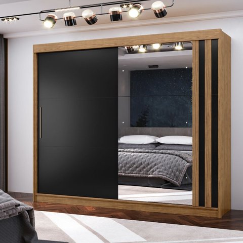 Roupeiro Seul 2 Portas Deslizantes Espelhado 100% Mdf - Freijó/nero