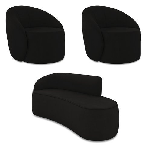 Sofá 3 Lugares Orgânico 180cm Morgan e 2 Poltronas Lua Suede Preto D03 - D’Rossi