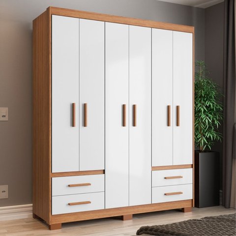 Guarda-Roupa Casal 6 Portas 4 Gavetas Primacy Branco/Freijó Wood/Off-White