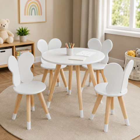 Conj Borboleta Mesa 4 Cadeira Infantil Pés Pinus MDF:Branco