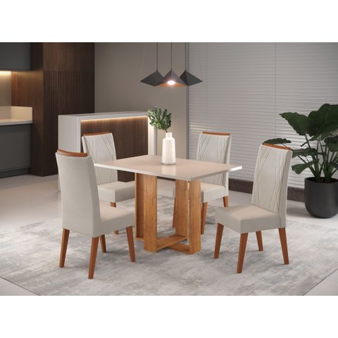 Mesa de Jantar Retangular Dinamarca com 4 Cadeiras Madeira Maciça Vegas Yescasa Bege/Mel/Blonde/Marfim
