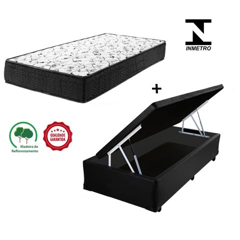 Cama Box Baú Solteiro Sintético Preto + Colchão Solteiro Espuma D33 Com EPS 16x88x188