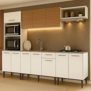 Cozinha Compacta 5 Peças Armário Ripado com Led e Torre Quente Veneza