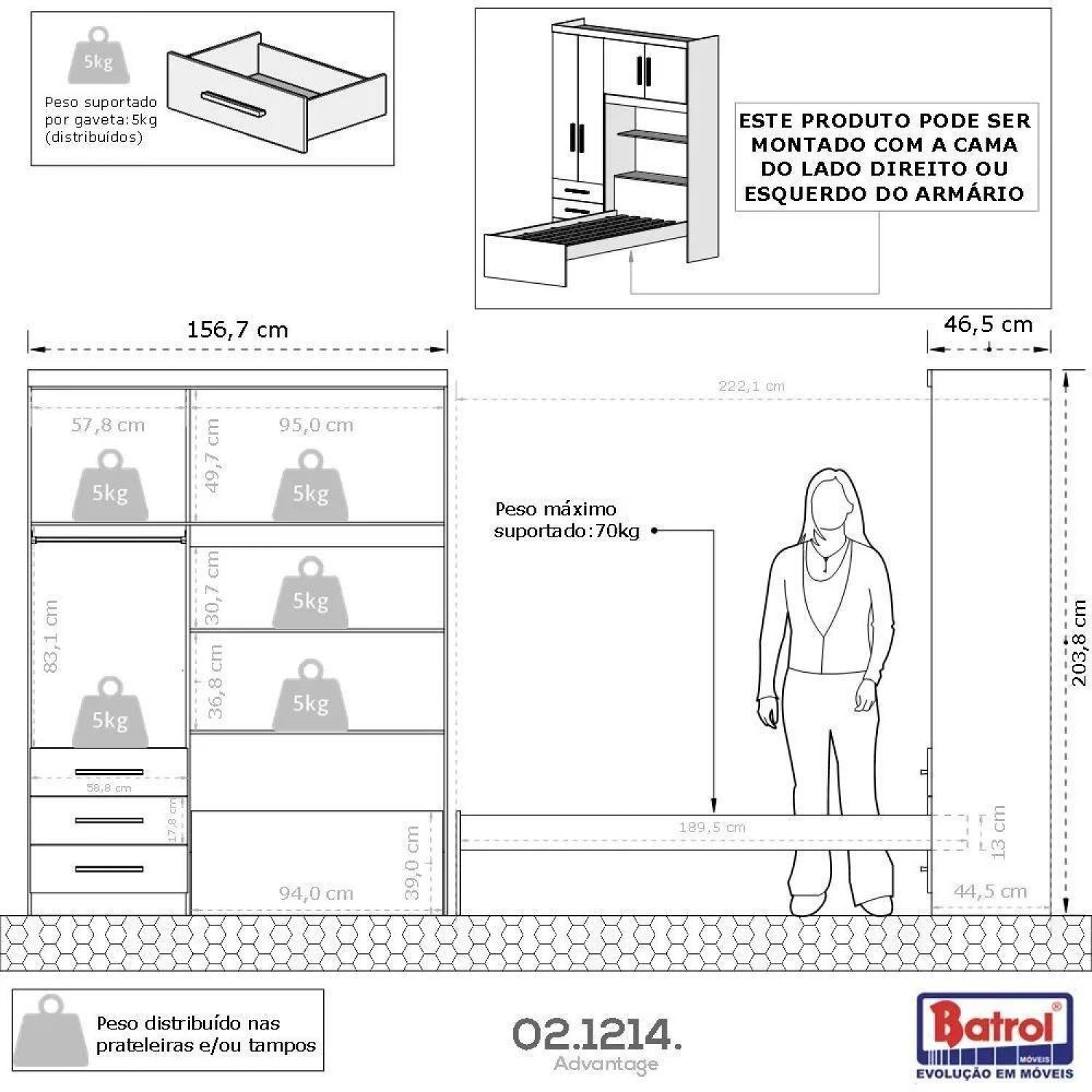 Guarda-roupa Solteiro com Cama Solteiro 4 Portas 3 Gavetas Advantage Batrol Móveis - 5