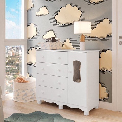 Cômoda Bebê 1 Porta com Janela e 4 Gavetas 100% Mdflana Espresso Móveis Branco Brilho