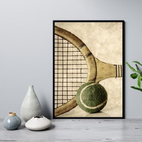 Quadro Retrô Tênis - Raquete e Bola 24x18cm - com Vidro:madeira Branca
