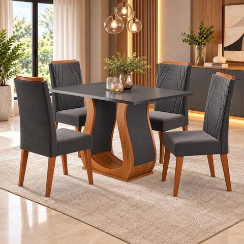 Conjunto de Mesa de Jantar Retangular em Madeira Maciça com 4 Cadeiras Nubia Vegas Yescasa Cinza/Me