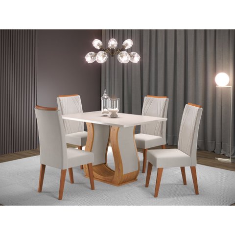 Mesa de Jantar Retangular Nubia com 4 Cadeiras Madeira Maciça Vegas Yescasa Mel/Blonde/Marfim